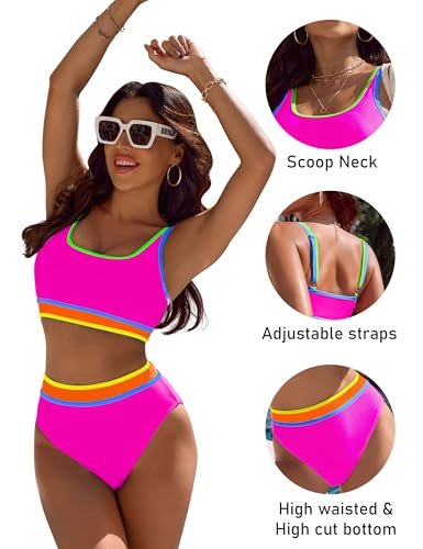 Image of BMJL Women's High Waisted Bikini Sets Sporty Two Piece Swimsuits Color Block Tummy Control Modest Bathing Suit