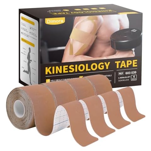 Dimora Uncut Kinesiology Tape, Original Cotton, 16' Elastic Athletic Tape for Muscle Pain Relief and Joint Support, 4 Rolls, Beige Cover