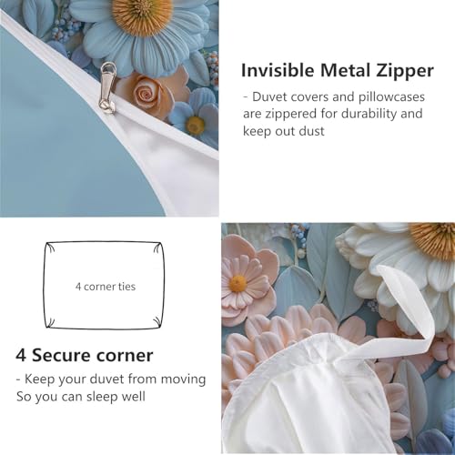 Housse de couette 140x200cm fleurs avec parure de lit 3 pièces en microfibre - 6