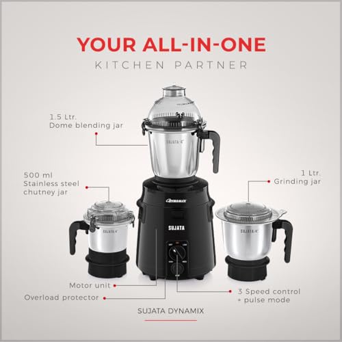 Sujata Dynamix Mixer Grinder|900 Watts Double Ball Bearing Motor|22000 RPM|Non-Stop 90 Mins Running|3 Food Grade Steel Jars - 1500ml Multipurpose, 1000ml Grinder, 500ml Chutney Jar|Black view 2