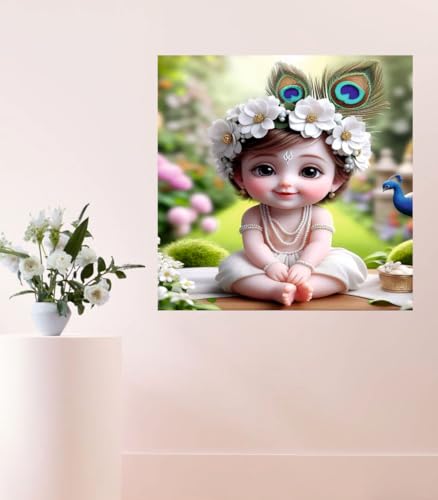 Image of Akki Wold Cute White Krishna With 2-Feather Wall Poster Living Room, Office, Pooja Room (Size - 46CM X 46CM)