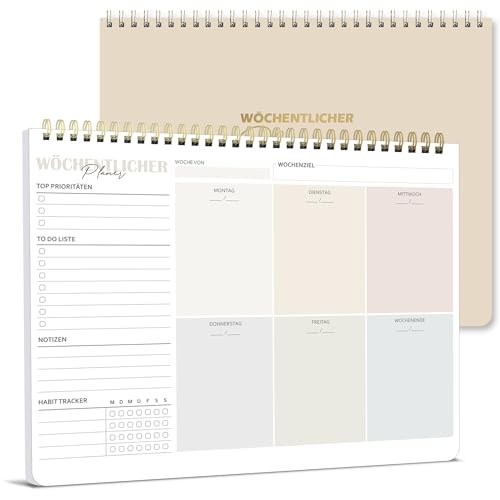 Wochenplaner Block A4 ohne festes Datum 50 Seiten Weekly Planner Schreibtischunterlage mit To Do Liste Spiral-Wochenkalender Wochen Planer mit Wochenübersicht&Habit-Tracker für Termine Aufgaben