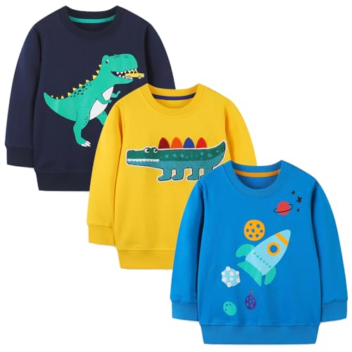 Image of GFQLONG Toddler Boy Sweatshirt 2T 3T 4T 5T Long Sleeve Shirts Boys Sweater | cotton Dinosaur Cartoon Pullover Crewneck Sweatshirt,toddler boy sweaters tops,kids fall winter clothes