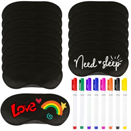 ブラックアイマスク 睡眠昇華カバー ファブリックマーカーペン8本付き シェード目隠しアイマスク 睡眠/旅行/チームゲーム/お泊まりパーティー用品(ブラック)