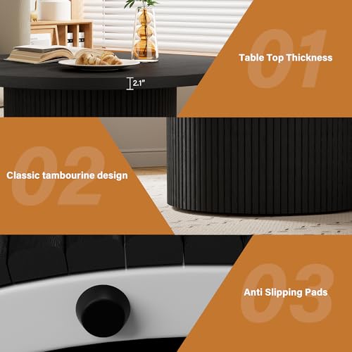 Image of Furniway Round Coffee Table, 35.4 inch Circle Wide Coffee Table, Wood Table and Center Table for Living Room, Black