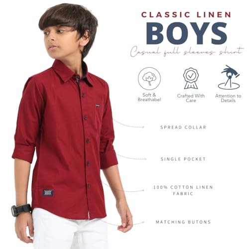 Image of ROCKET SCIENCE Boys Single Pocket Shirt | Regular Fit, Spread Collar, Full Sleeves, 100% Cotton Linen Fabric Royal Blue