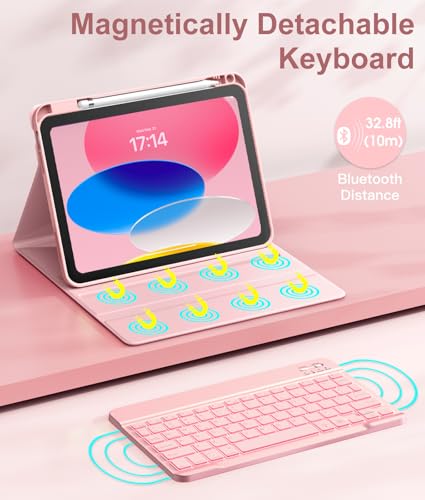 Image of Hamile for iPad 11th 10th Generation Case with Keyboard - 7 Colors Backlit Wireless Detachable Folio Keyboard Cover with Pencil Holder for iPad A16 11-inch 2025 10th Gen 10.9 Inch 2022 (Pink Rose)
