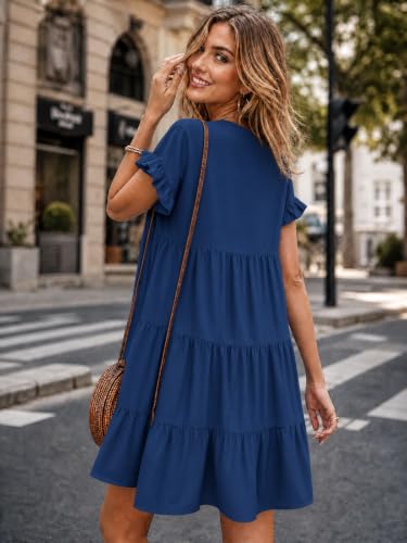 Image of Imysty Womens Boho Floral Ruffle Sleeve Babydoll Loose Flowy Casual Summer Pleated Mini Dress