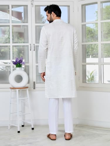 Image of See Designs Men's Full Sleeve Mandarin Collar Floral Embroidered Mandarin Collar Thread Work Straight Long Kurta with Pyjama - Festive Collection