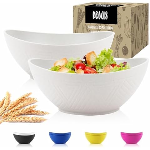 Wrova Wheat Straw Bowls Set of 2 with Textured Pattern,Unbreakable Large Salad Bowls,Plastic Bowls Dishwasher & Microwave Bowls,Sturdy and Stackable Kitchen Bowls for Serving,Oatmeal.White Cover