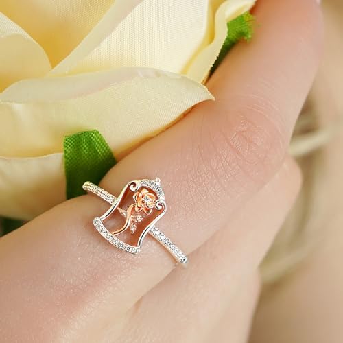Jewelili Enchanted Disney Fine Jewelry 14K Rose Gold over Sterling Silver with 1/10 CTTW Diamonds Belle Ring Size 72