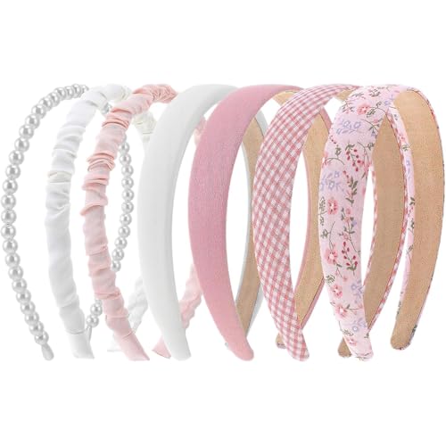 ZIBUYU® 7 Pcs Hairband For Women Stylish Headband For Girls Kids Baby Cute Wide Hair Hoop Accessories Pink Floral Printed Multicolor Stretchable Comfortable Plaid Canvas/Pearl style For Friends Gifts