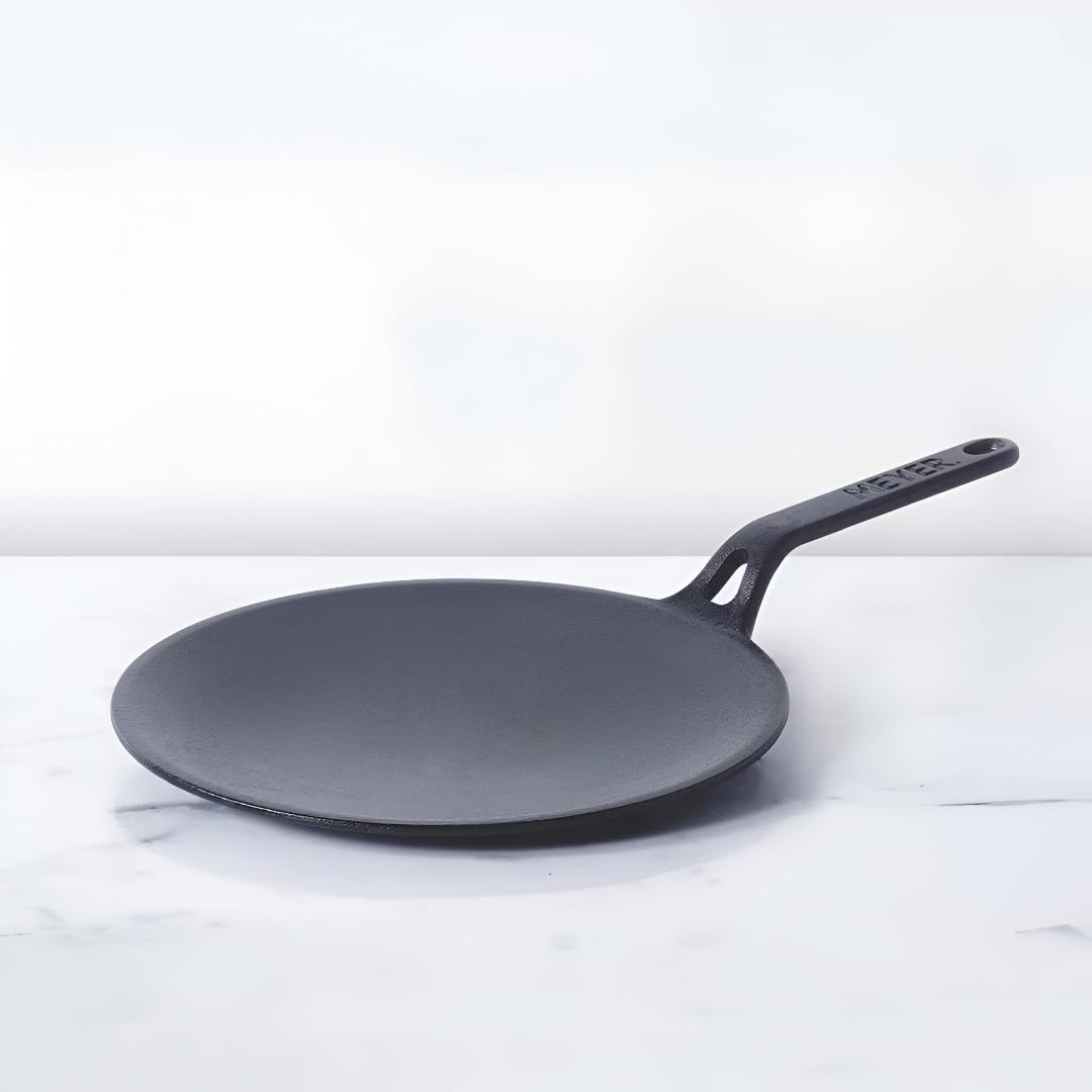 Meyer Pre-Seasoned Cast Iron Roti/Chapati/Dosa Tawa Pan with Stick Handle, Dosa Kallu, Iron Tawa Big Size, Pre-Seasoned Cast Iron Cookware, Gas Stovetop Compatible, 26cm, Black