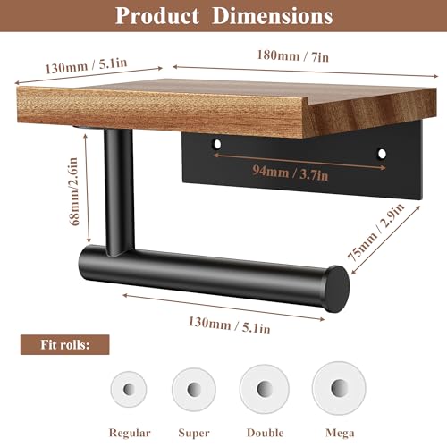 Image of Tindbea Toilet Paper Holder with Wood Shelf, Wooden Wall Mount Tissue Paper Roll Holder, Matte Black Stainless Steel Bathroom Accessories Decor for Home (Sapele, Matte Black)