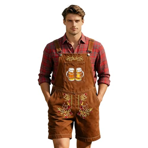 Déguisement Bavarois Homme Marron Oktoberfest avec Pantalon Cuir Bretelles Broderies et Chapeau