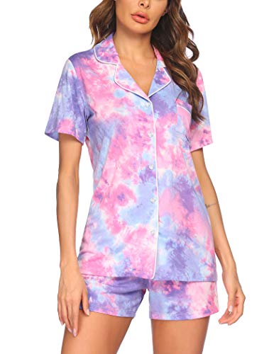 Ekouaer Two Piece Sleepwear Womens Tie Dye Pajamas Set Short Sleeve Button Up Pjs Top and Shorts Sets(PAT17,Small)
