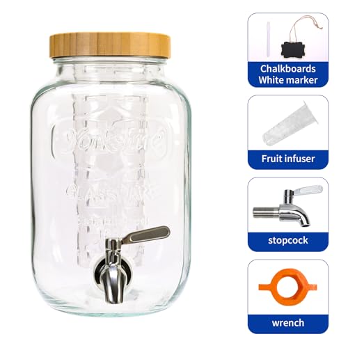 Roemey Glass Drink Dispenser for Parties,1 Gallon Beverage Dispenser with Bamboo Lid, Drink Machine for Lemonade, Iced drinks, Kombucha Dispenser for Parties, Laundry