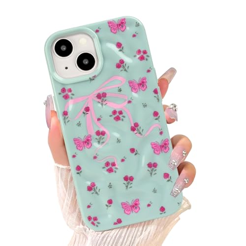 Coque iPhone 15 bleu aux finitions soignées motif nœuds et fleurs élégantes