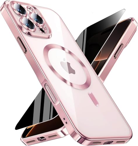 Image of Magnetic for iPhone 16 Pro Max Case with Privacy Screen Protector & Full Camera Cover,[Non-Yellowing] Plating Glossy Soft Shockproof Clear Phone Case with MagSafe Women Girls for 16 ProMax,Rose