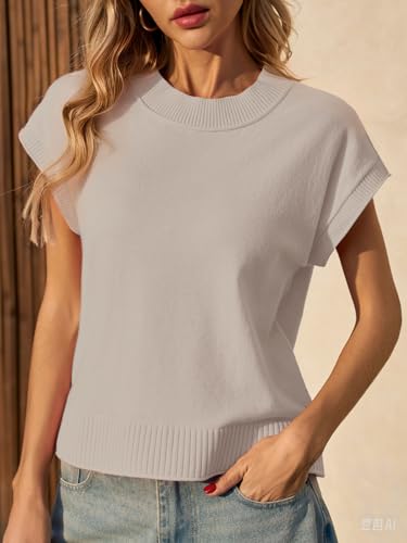 Image of Saodimallsu Womens Cap Sleeve Sweater Vest Crew Neck Casual Lightweight Knit Summer Short Sweaters Pullover Tank Tops Khaki