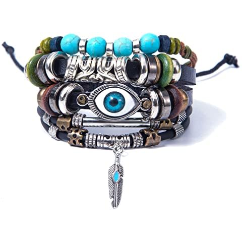 TOLOWOBK Evil Eye Bracelet, Men's Multi-Layered Feather Turquoise Bracelet Cover