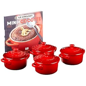 Le Creuset Stoneware Set of 4 Mini Cocottes with Cookbook, 8 oz. each, Cerise