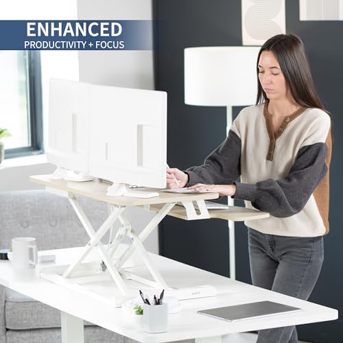 Image of VIVO 36 inch Desk Converter, K Series, Height Adjustable Sit to Stand Riser, Dual Monitor and Laptop Workstation with Wide Keyboard Tray, Light Wood Top, White Frame, DESK-V036KF