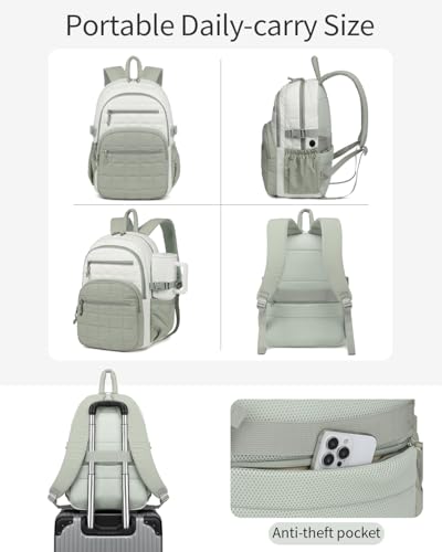 Image of Quilted Bookbag for Women, College Laptop Backpack with Tumbler Holder Pocket for Nurse Teacher Work Travel, Puffer School Backpack for Teen Girls Big Student, White Green