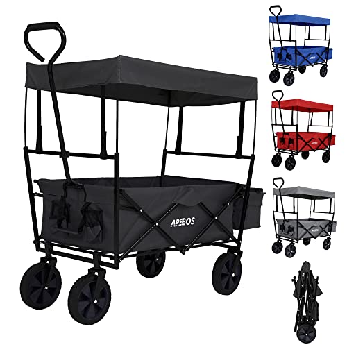 Arebos Carreta Plegable | Carretilla Jardin y Aire Libre con Techo | Carro Playa | Carro de Mano & de Transporte | 2X Bolsillos de Malla y 1x Bolsillo Exterior | Neumáticos de Goma Maciza | 70kg