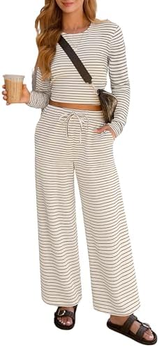 Lazysmile Lounge Sets For Women Casual Striped 2 Piece Outfits Long Sleeve Tops and Wide Leg Pants Loungewear