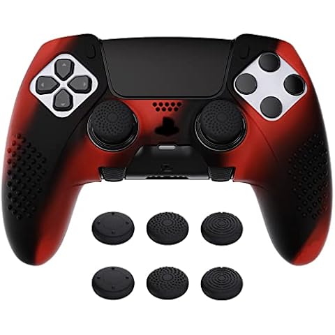 PlayVital Anti-Rutsche Hülle für ps5 Edge Controller,Case Schutzhülle Hülle Skin aus weichem Gummi mit 6 Stück Stick Kappen für PS5 Edge Wireless Controller(3D Noppen Edition,Rot & Schwarz) Cover