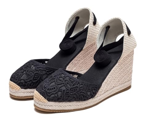 Image of Womens Espadrille Wedge Sandals Closed Toe Platform Lace Up Ankle Strap Slingback Summer Dress Shoes
