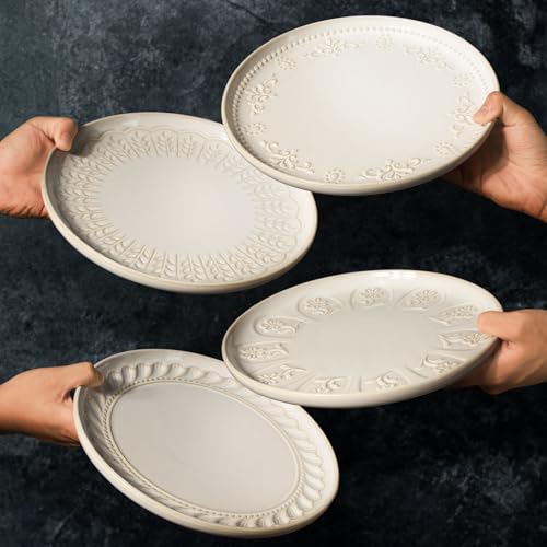 Artena Large Ceramic Dinner Plates Set Of 4, 10.75 Inch Embossed Kitchen Salad Plates, Modern Serving Plates For Restaurant, Plates With Lipped Edges, Microwave Dishwasher Safe (Multiple Patterns)