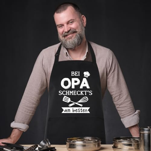 Livdouyu Grillschürze OPA Schürze - Bei OPA SCHMECKT’S am besten Verstellbarem Kochschürze für Männer mit 2 Taschen Geschenk für Papa zum Geburtstag Grillparty Vatertag Weihnachten