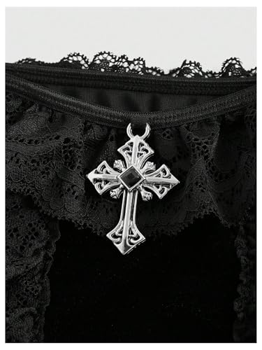 SHENHE Women's Goth Top Lace Trim Velvet Off Shoulder Short Sleeve Punk Top Shirt3