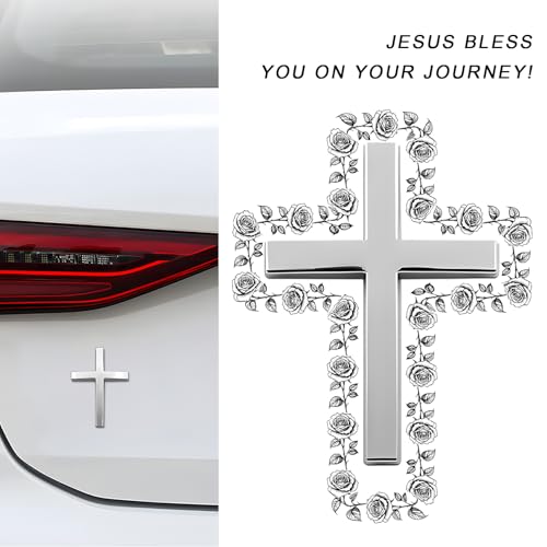 Image of Metal Christian Cross Emblem Stickers, 2.5x1.8in 3D Jesus Christ Auto Emblem Badge Decal, Self-Adhesive Styling Cross Decal Decoration for Trunk Tailgate Side Fender (Silver)