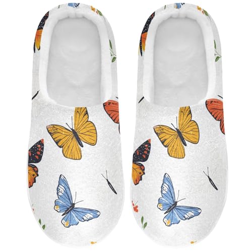 JUNZAN Cartoon Cute Butterflies White Womens House Cotton Slippers Breathable Memory Foam Bedroom Slippers for Hospital Christmas Presents 6-7