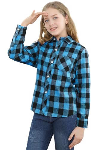 Image of SANGTREE Women and Girls Long Sleeve Flannel Casual Button Down Plaid Shirt