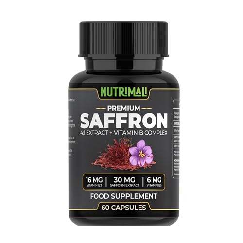 Saffron Supplement 4:1 Saffron Extract + Vitamin B Complex | High Strength - 60 Vegan Capsules | 100% Pure Saffron Non-GMO | By NutriMali