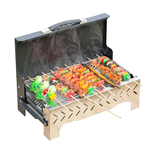 Griglia portatile a carbonella, senza montaggio, con maniglia per il trasporto con una sola mano, design antivento e anti-fumo, piccolo barbecue pieghevole per campeggio, tailgating, picnic