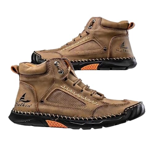 Mens Wide Leather Shoes for Hiking Working, Saw behind Men's Comfortable Handmade Boots–Waterproof, Arch Support, Spacious Toe Box, Non-Slip,Lightweight Breathable Outdoor Walking
