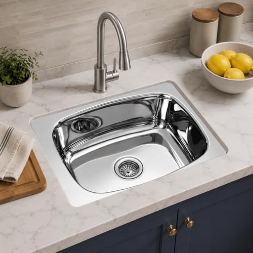 Image of Stainless Steel Kitchen Sink 21x18 Inch | Single Bowl Sink for Modular Kitchen | With Stainless Steel Waste Coupling & PVC Pipe | Heavy Duty Finish