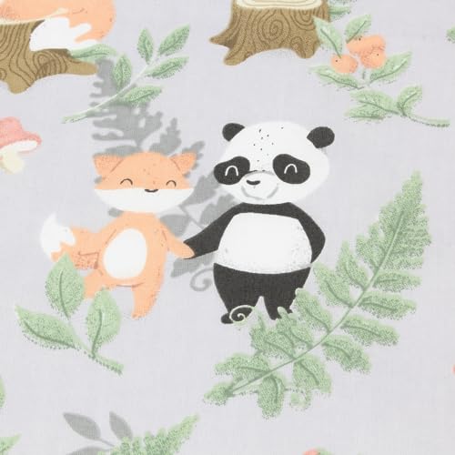 Kinderstoff Baumwolle Meterware 160 cm – Panda & Fuchs Wald Motiv auf Grau – Baumwollstoff schadstoffgeprüft – Stoff Tiere für Kinderbettwäsche, Kleidung & Deko