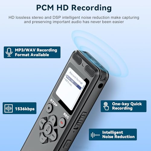 72GB Diktiergerät Digitale, Tonnlog 1536kbps Aufnahmegerät Sprachrekorder mit Wiedergabe, USB-C Audio Voice Recorder mit Geräuschreduzierung für Vorlesungen Meetings, One-Touch Aufnahme/Sperrung
