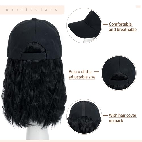 8 Inch Baseball Cap With Hair Extensions BOB Synthetic Hair With Attached Black Hat With One Piece Hair Extensions For Women - Image 3