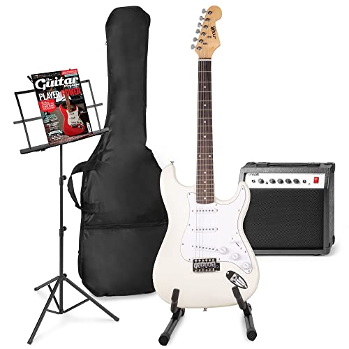 MAX GigKit Set de Guitare Électrique Comprenant la Musique et le Support de Guitare – Blanc, Idéal pour Débuter la Guitare - Les Beatles, Paul McCartney, John Lennon, RIngo Starr, George Harrison MAX GigKit Set de Guitare Électrique Comprenant la Musique et le Support de Guitare - Blanc, Idéal pour Débuter la Guitare