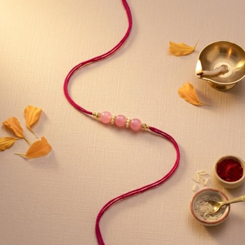 Image of Pink Beaded Rakhi for Brother with Greeting Card, Roli Chawal | Premium Pearl Stone Designer Rakhi | Raksha Bandhan Gift for Brother