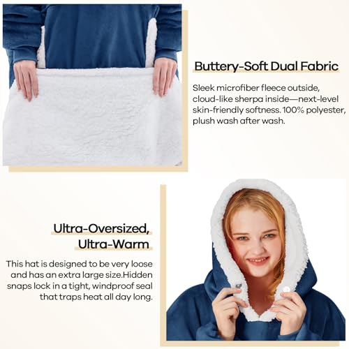 yescool Sherpa-Lined Wearable Blanket Hoodie, Navy Blue (Oversized) — view 4