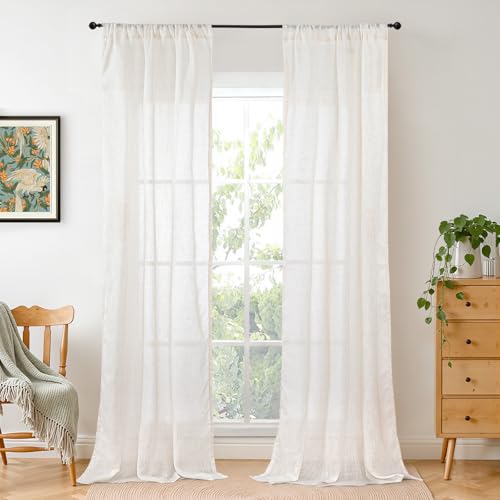 Image of BGment Linen Curtains for Living Room 84 Inch Length, Semi Sheer Lightweight Rustic Country Window Drapes Textured for Bedroom Farmhouse Dining Room Decor Rod Pocket, 2 Panels Set, Each 38 Inch Wide