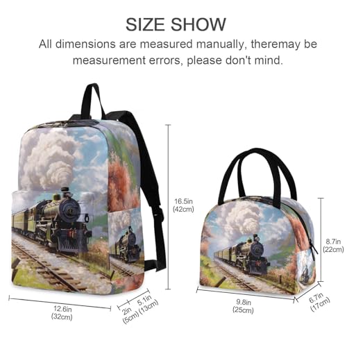 Backpack Lunch Box Set Large Capacity Travel Backpacks and Insulated Lunch Bag for Commute Hiking Picnic Spring Train Print2